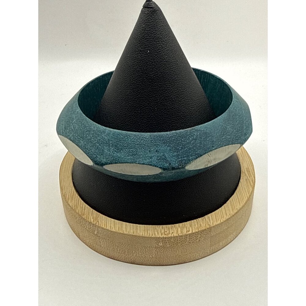 Teal White Wooden Semi Geometric Pattern Curve Bangle Bracelet